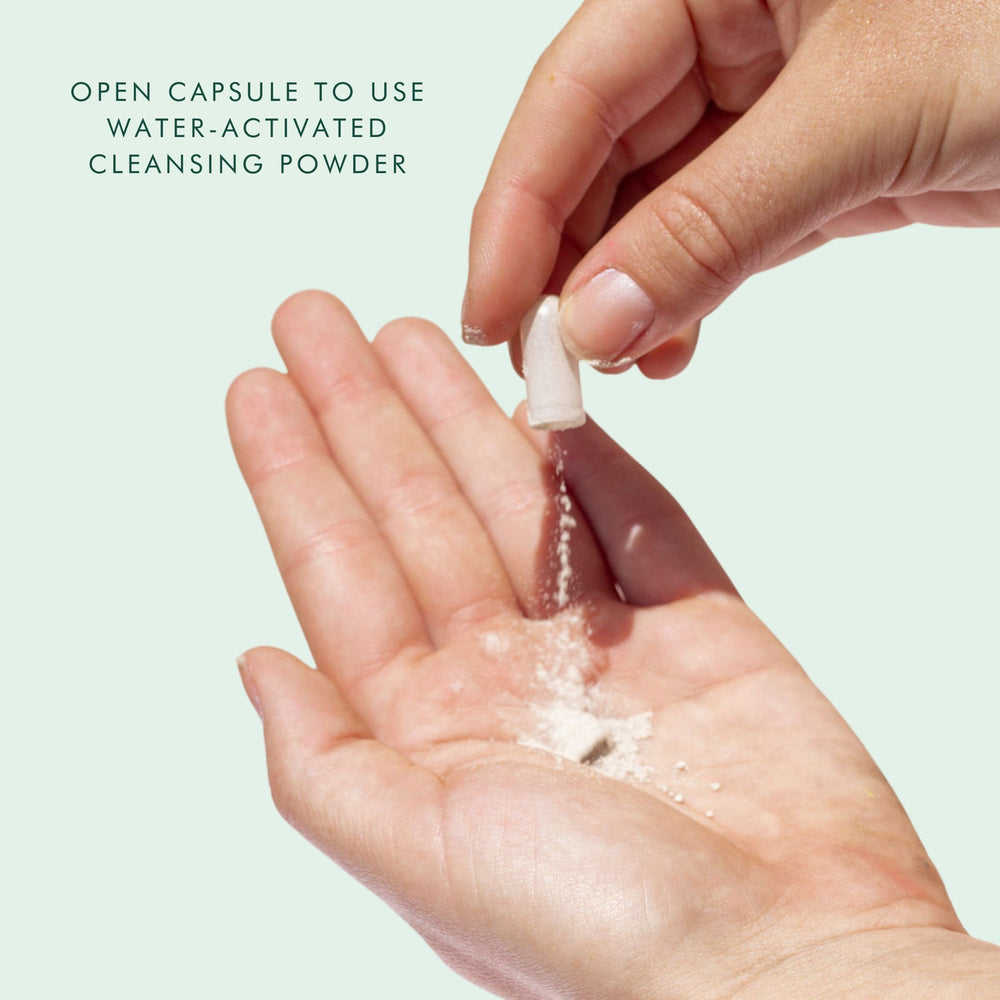 Water activated cleansing powder turns to a gentle cleansing foam upon adding a few drops of water