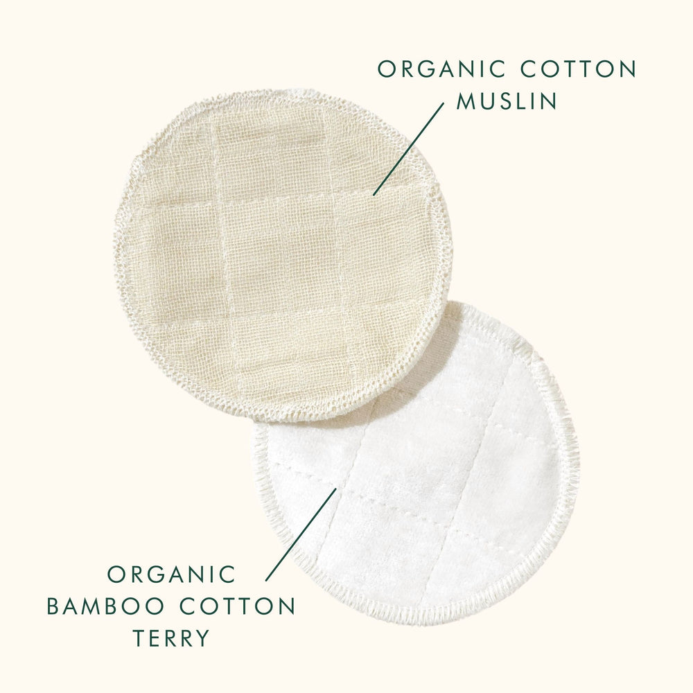 Image of two booni doon PLUSH rounds with text that reads "Organic Bamboo Cotton Terry" and "Organic Cotton Muslin"